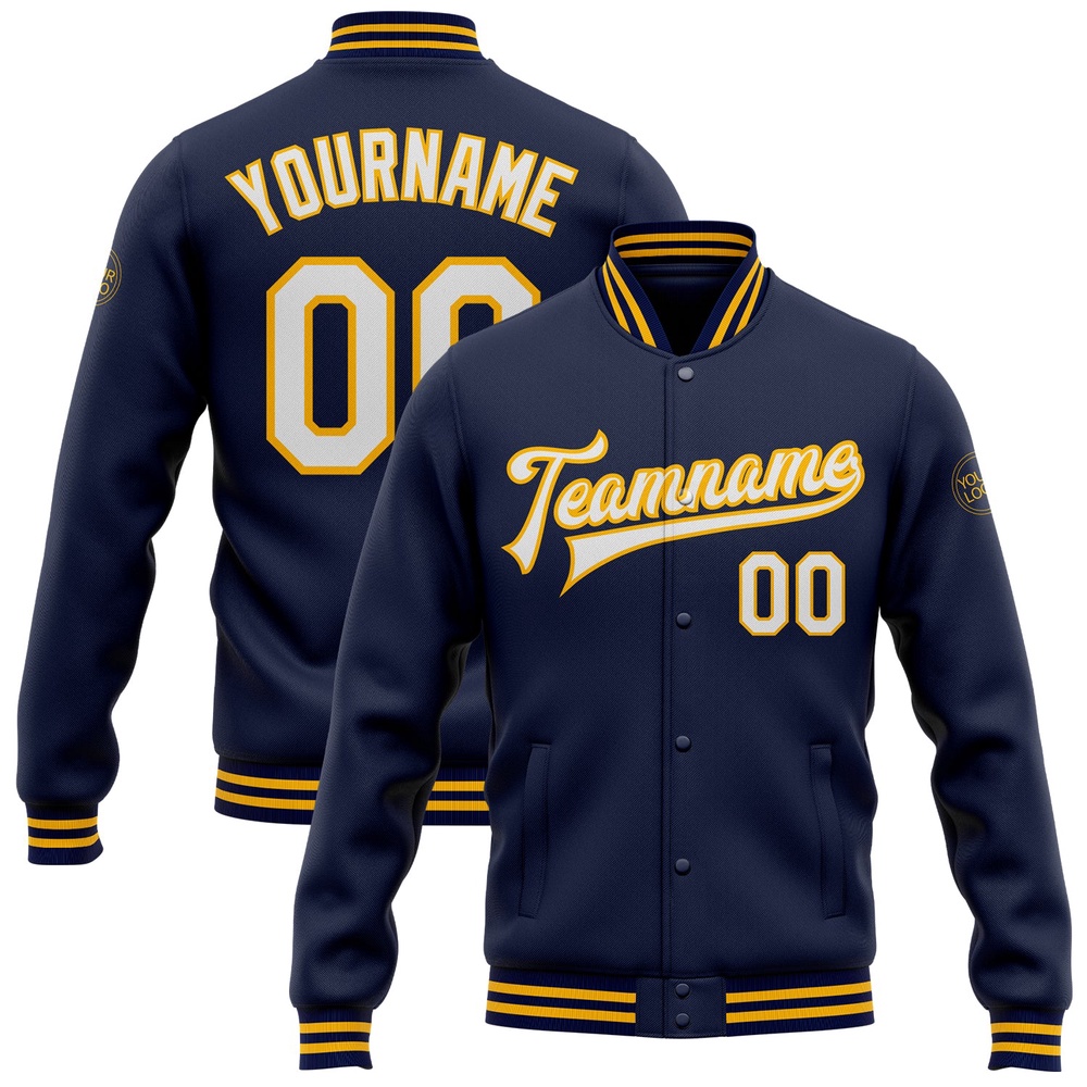 Custom Navy White Gold Bomber Full Snap Baseball Jacket, Custom Team Jacket Custom Navy White Gold Bomber Full Snap Baseball Jacket, Custom Team Jacket