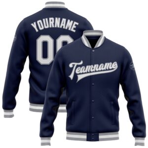Custom Navy White Gray Bomber Full Snap…