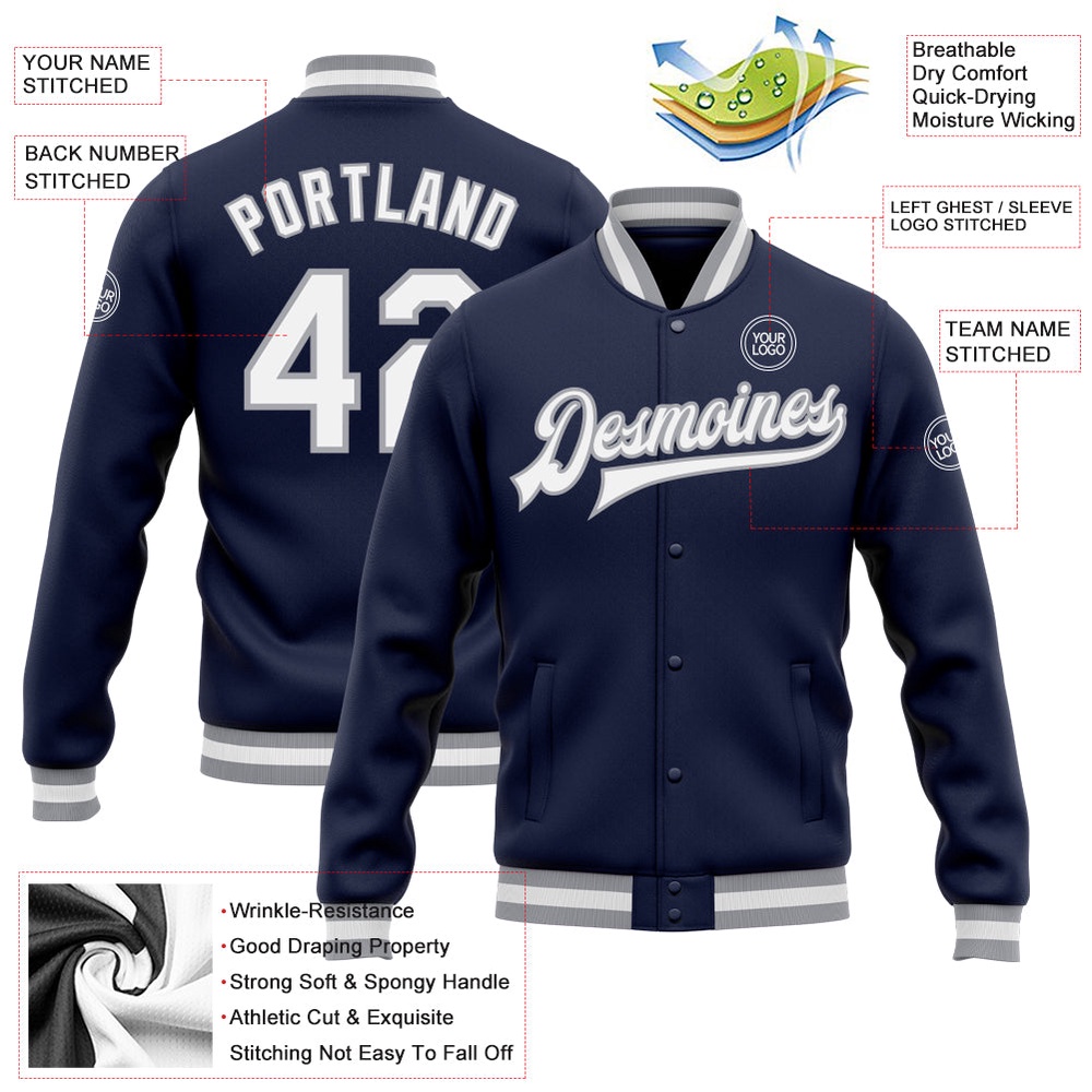 Custom Navy White Gray Bomber Full Snap Baseball Jacket, Custom Team Jacket