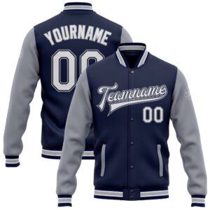 Custom Navy White Gray Bomber Full Snap…