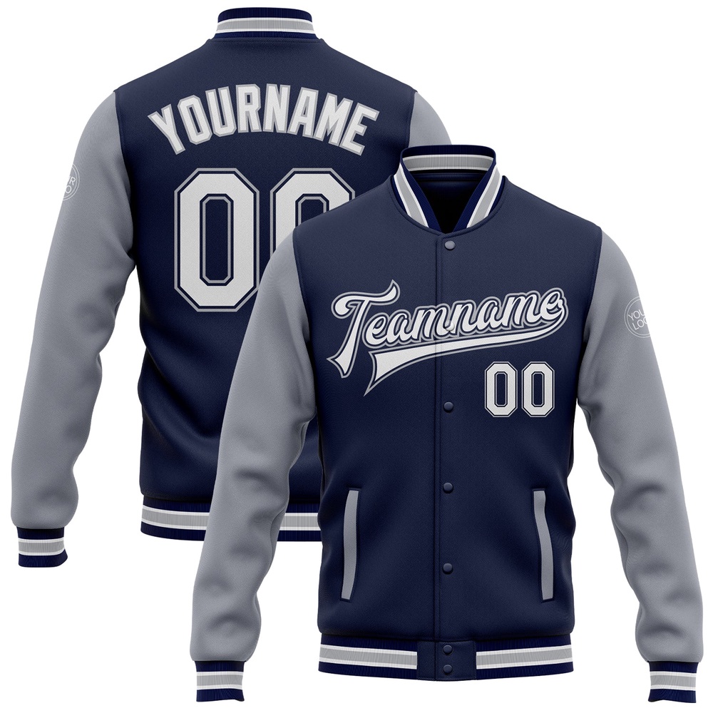 Custom Navy White Gray Bomber Full Snap Varsity Baseball Jacket, Custom Team Jacket