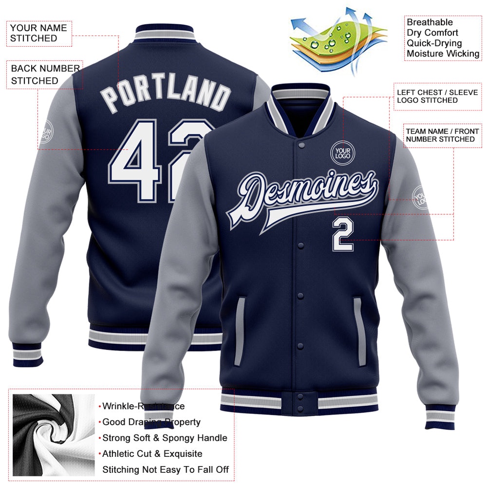 Custom Navy White Gray Bomber Full Snap Varsity Baseball Jacket, Custom Team Jacket