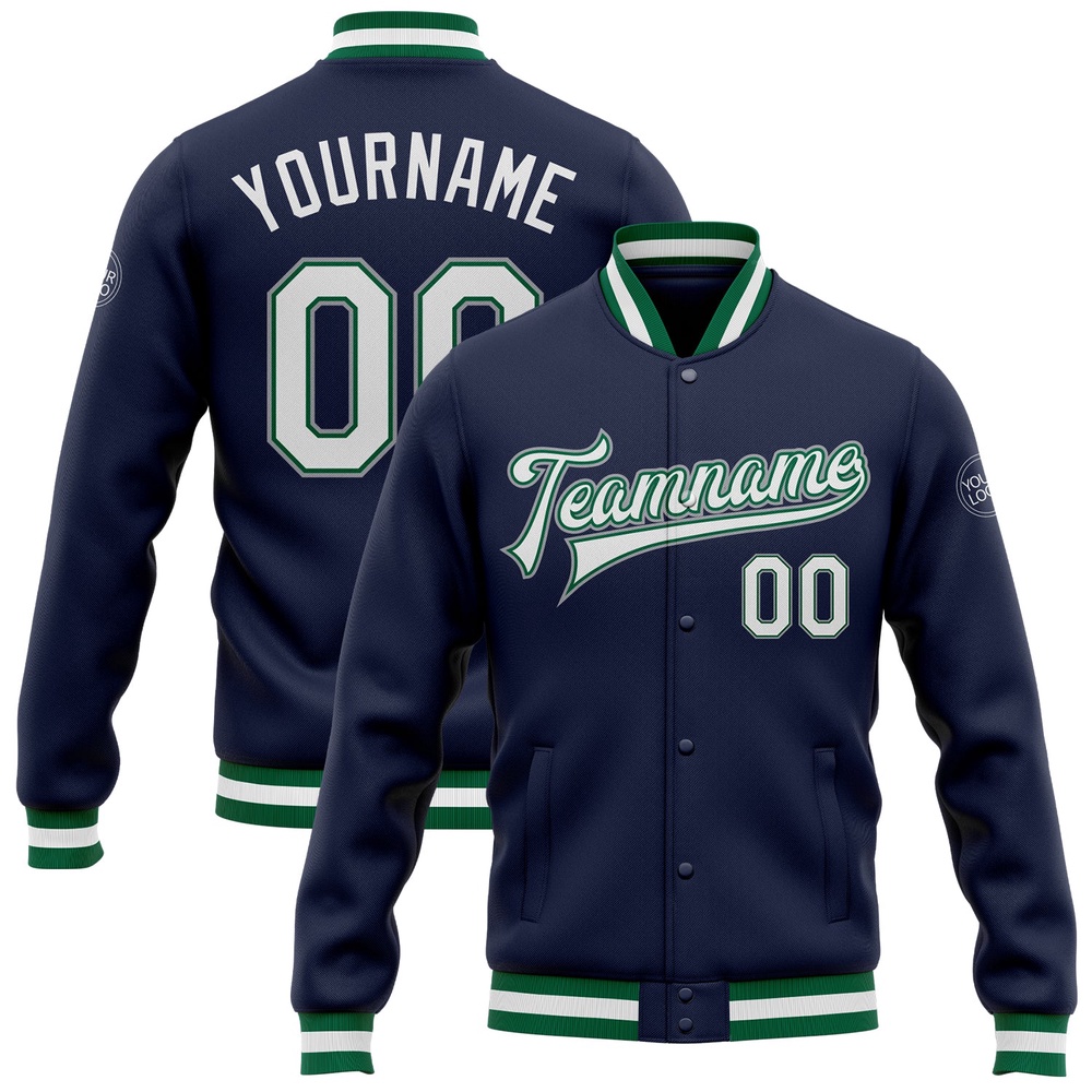 Custom Navy White Kelly Green Gray Bomber Full Snap Baseball Jacket, Custom Team Jacket