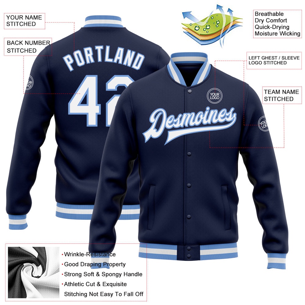 Custom Navy White Light Blue Bomber Full Snap Baseball Jacket, Custom Team Jacket