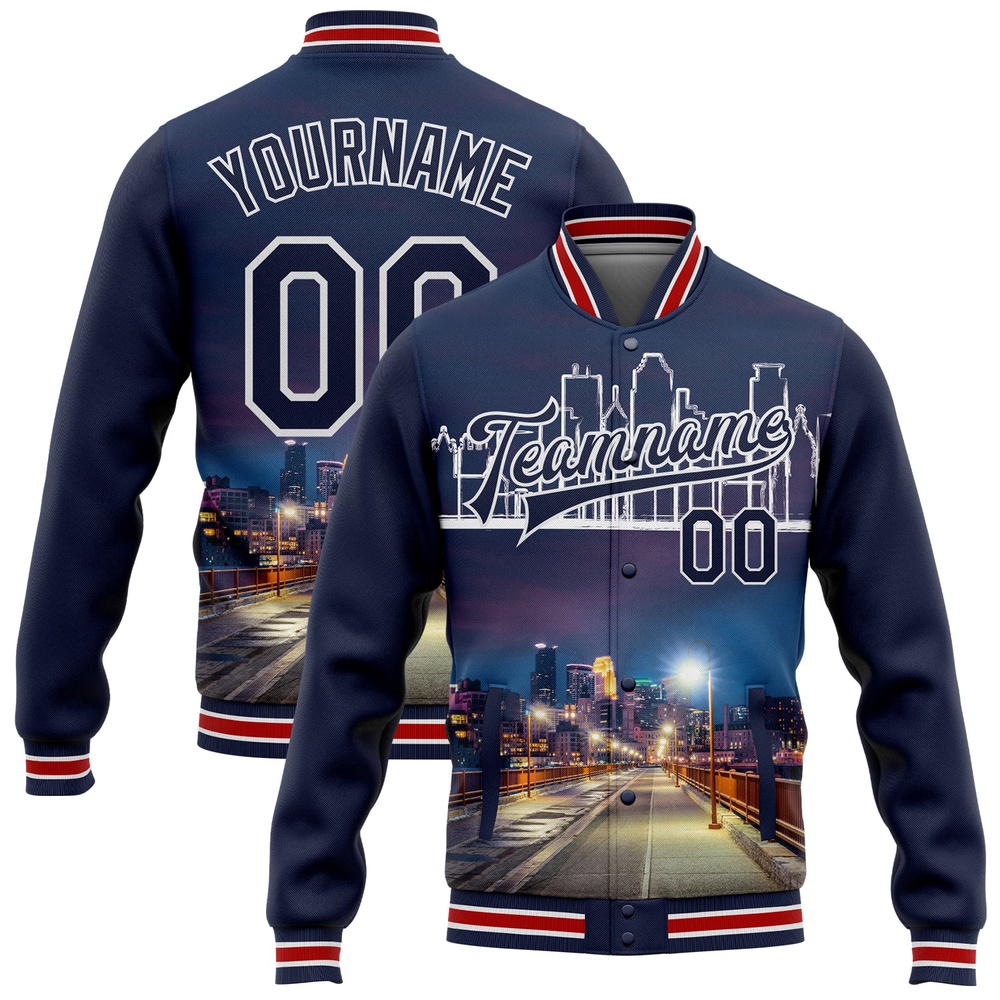Custom Navy White Minneapolis Minnesota City Edition 3D Bomber Full Snap Baseball Jacket, Custom Team Jacket Custom Navy White Minneapolis Minnesota City Edition 3D Bomber Full Snap Baseball Jacket, Custom Team Jacket