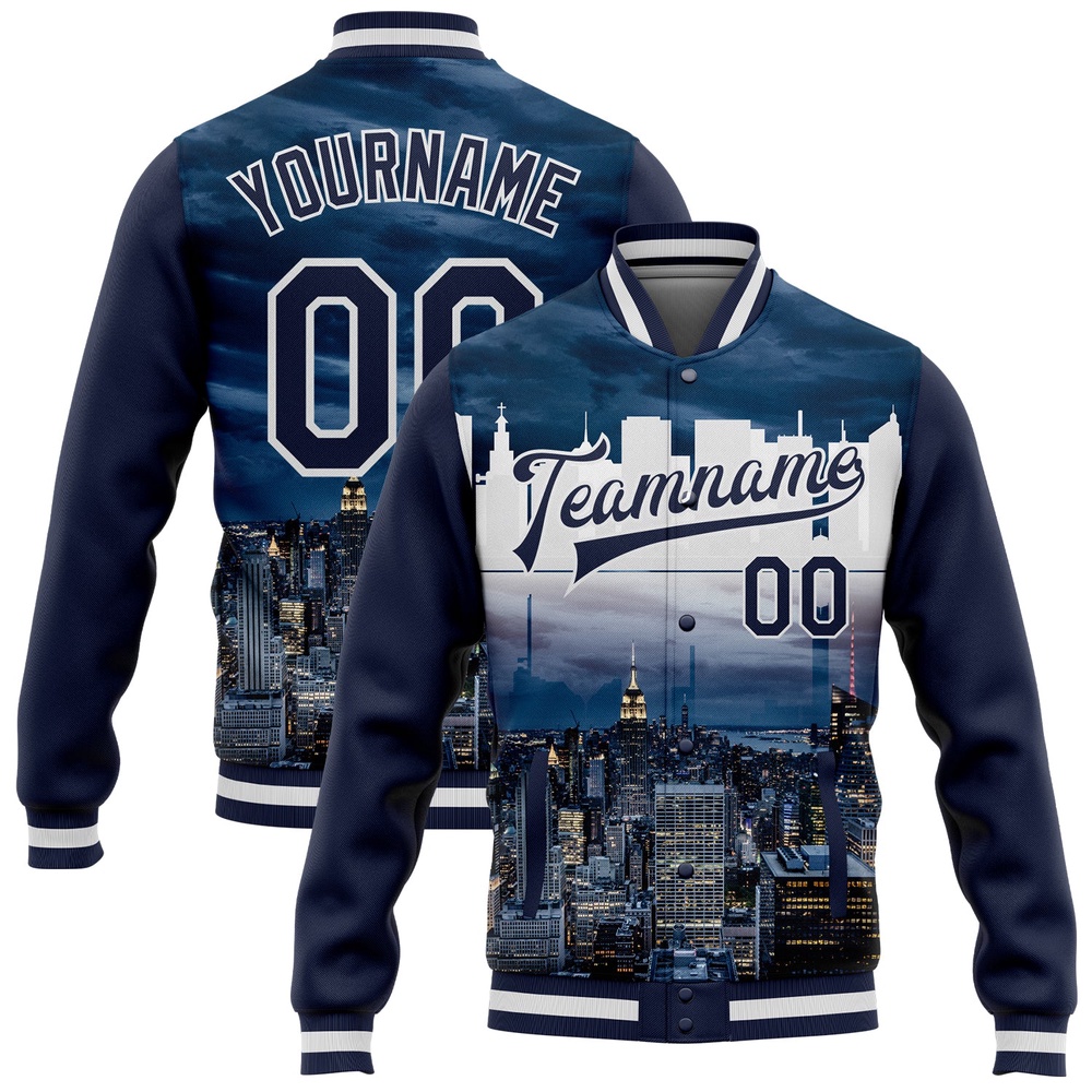 Custom Navy White New York City Edition 3D Bomber Full Snap Baseball Jacket, Custom Team Jacket