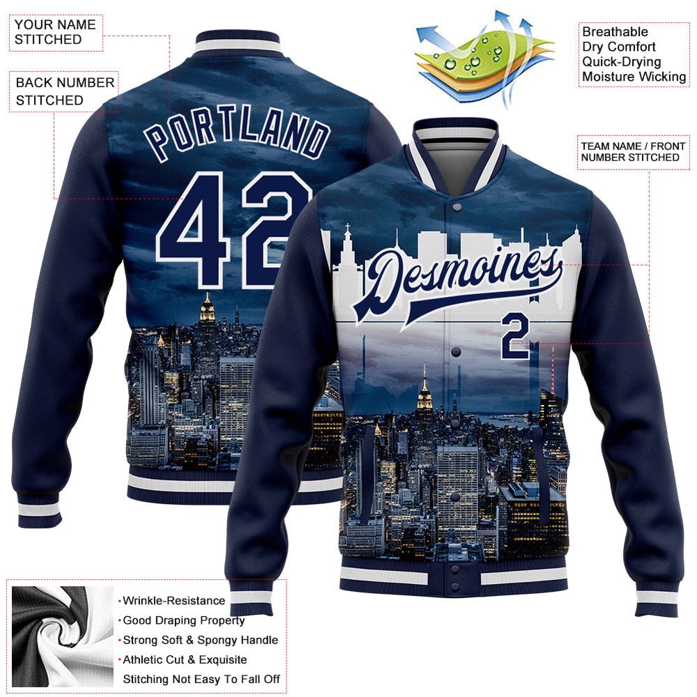 Custom Navy White New York City Edition 3D Bomber Full Snap Baseball Jacket, Custom Team Jacket