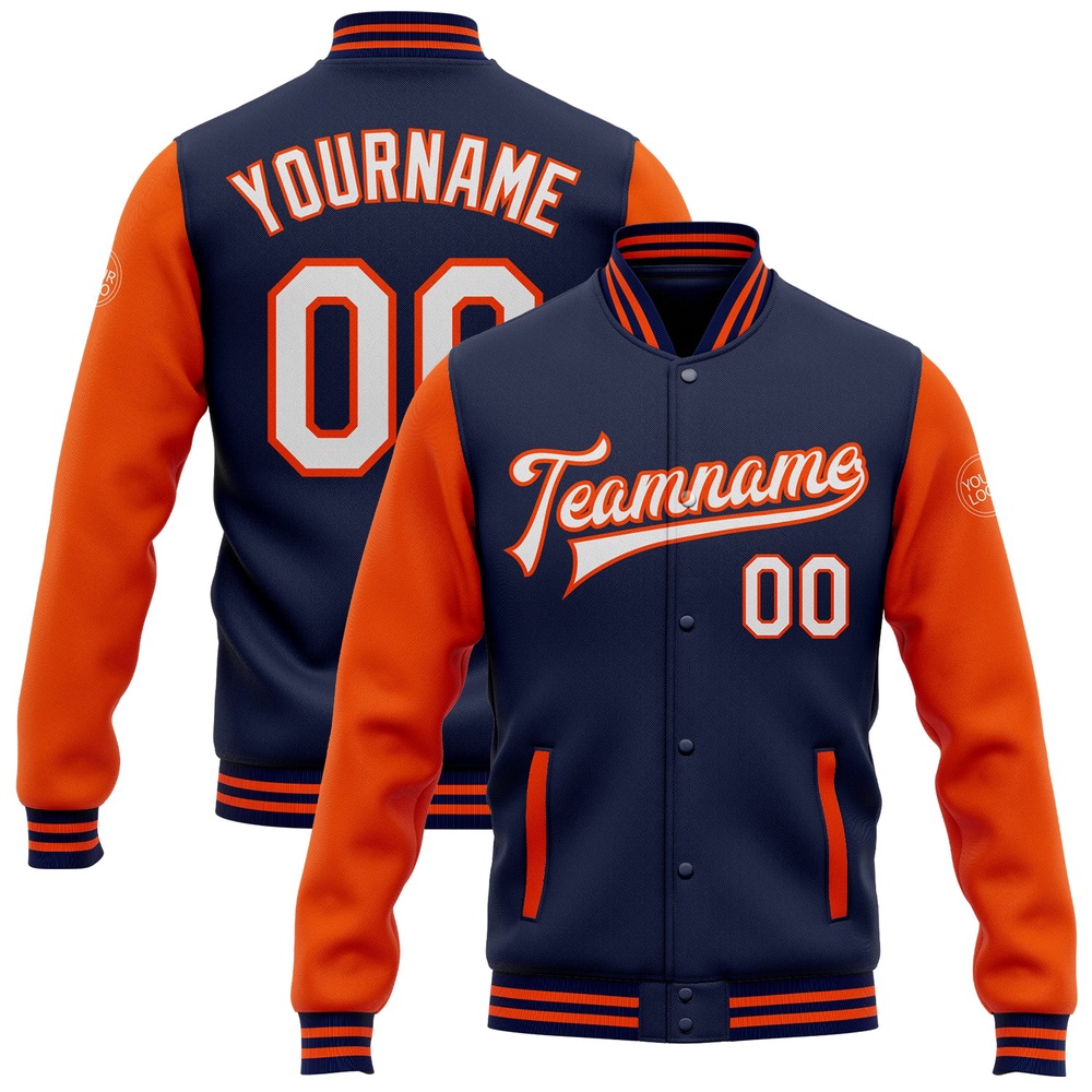Custom Navy White Orange Bomber Full Snap Varsity Baseball Jacket, Custom Team Jacket