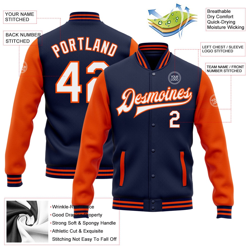 Custom Navy White Orange Bomber Full Snap Varsity Baseball Jacket, Custom Team Jacket