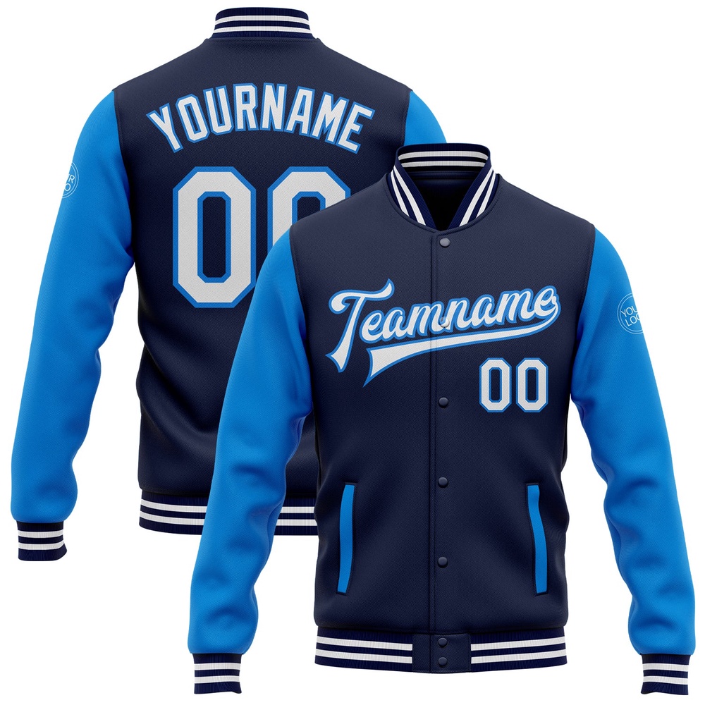 Custom Navy White Powder Blue Bomber Full Snap Varsity Baseball Jacket, Custom Team Jacket Custom Navy White Powder Blue Bomber Full Snap Varsity Baseball Jacket, Custom Team Jacket