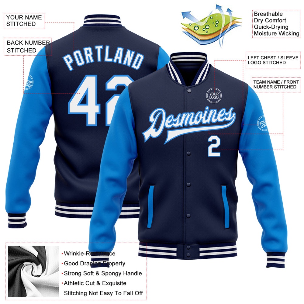 Custom Navy White Powder Blue Bomber Full Snap Varsity Baseball Jacket, Custom Team Jacket Custom Navy White Powder Blue Bomber Full Snap Varsity Baseball Jacket, Custom Team Jacket