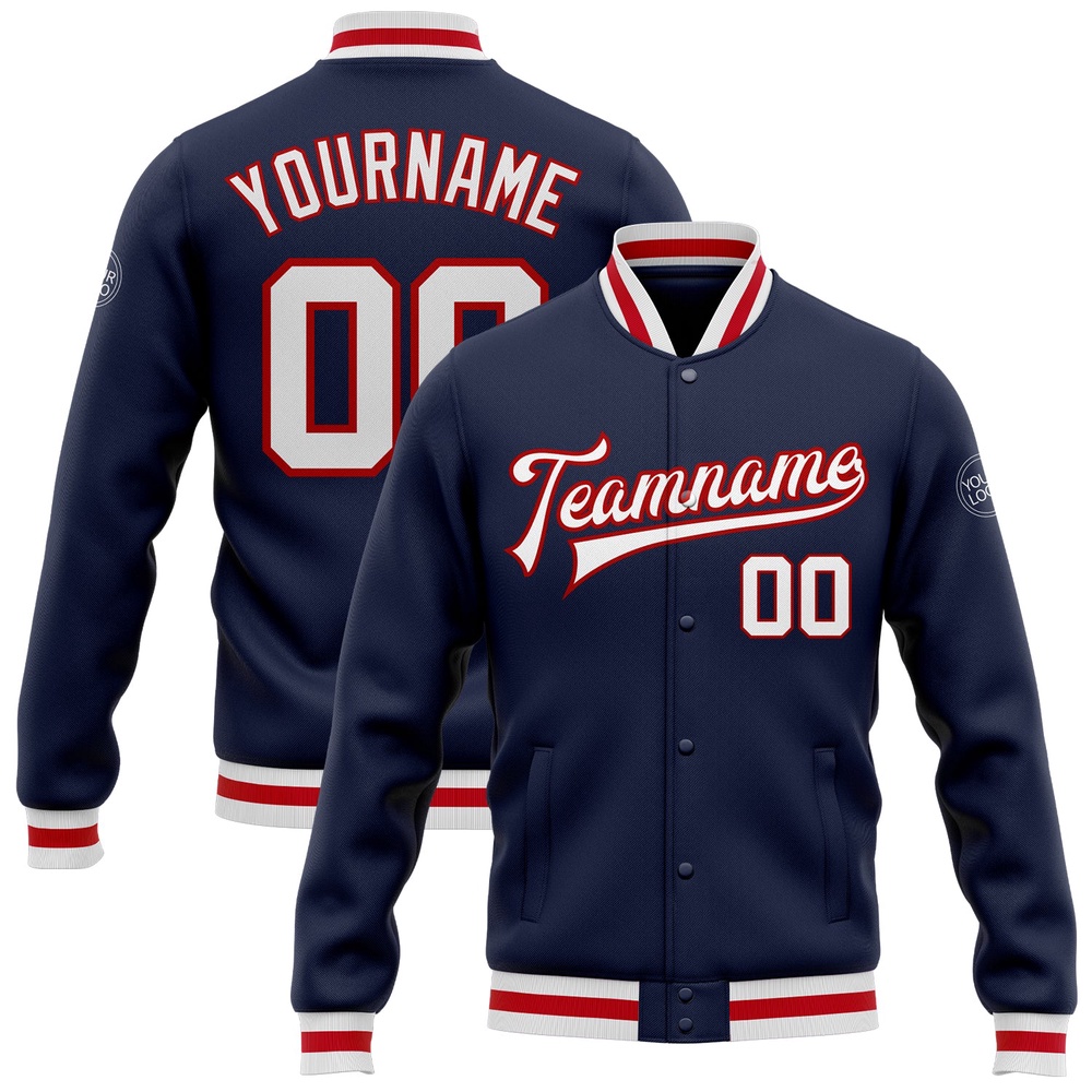 Custom Navy White Red Bomber Full Snap Baseball Jacket, Custom Team Jacket