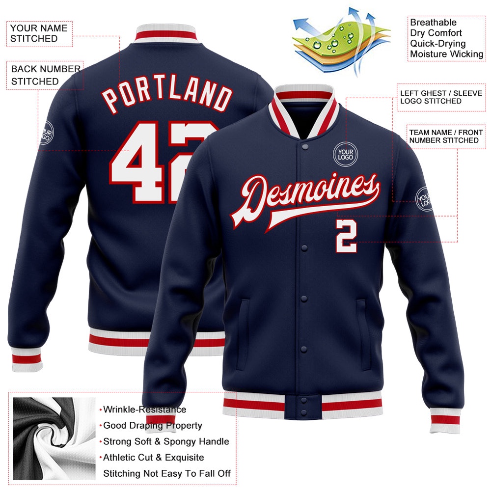 Custom Navy White Red Bomber Full Snap Baseball Jacket, Custom Team Jacket