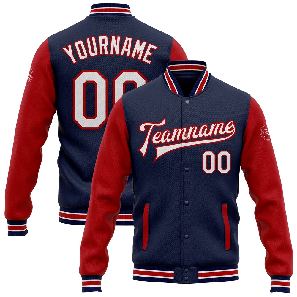 Custom Navy White Red Bomber Full Snap Varsity Baseball Jacket, Custom Team Jacket