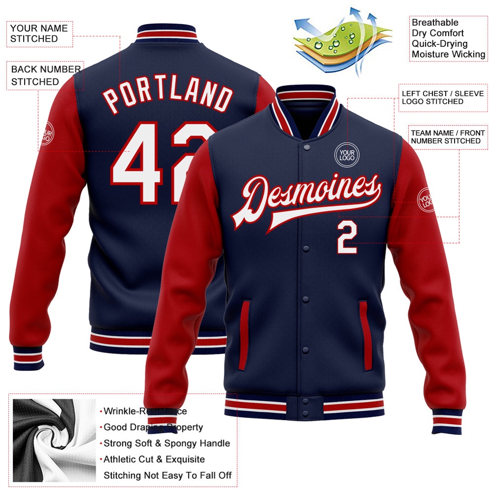 Custom Navy White Red Bomber Full Snap Varsity Baseball Jacket, Custom Team Jacket