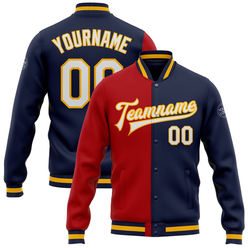 Custom Navy White Red Gold Bomber Full Snap Varsity Letterman Split Fashion Jacket, Custom Team Jacket