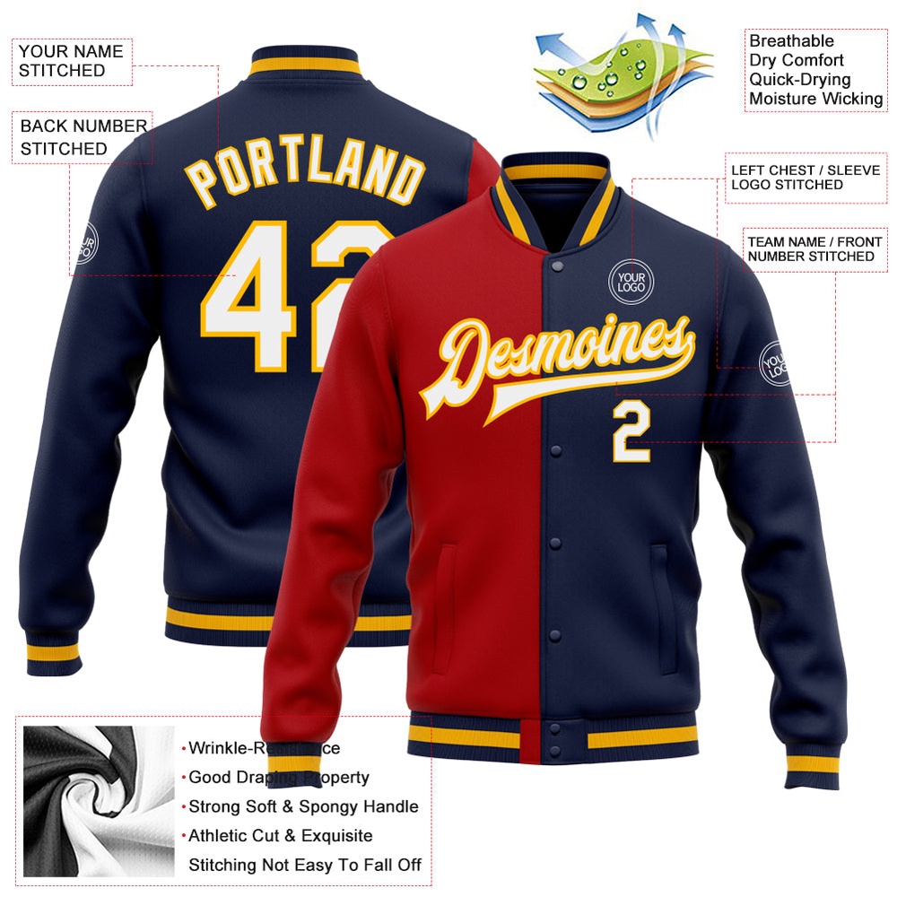 Custom Navy White Red Gold Bomber Full Snap Varsity Letterman Split Fashion Jacket, Custom Team Jacket