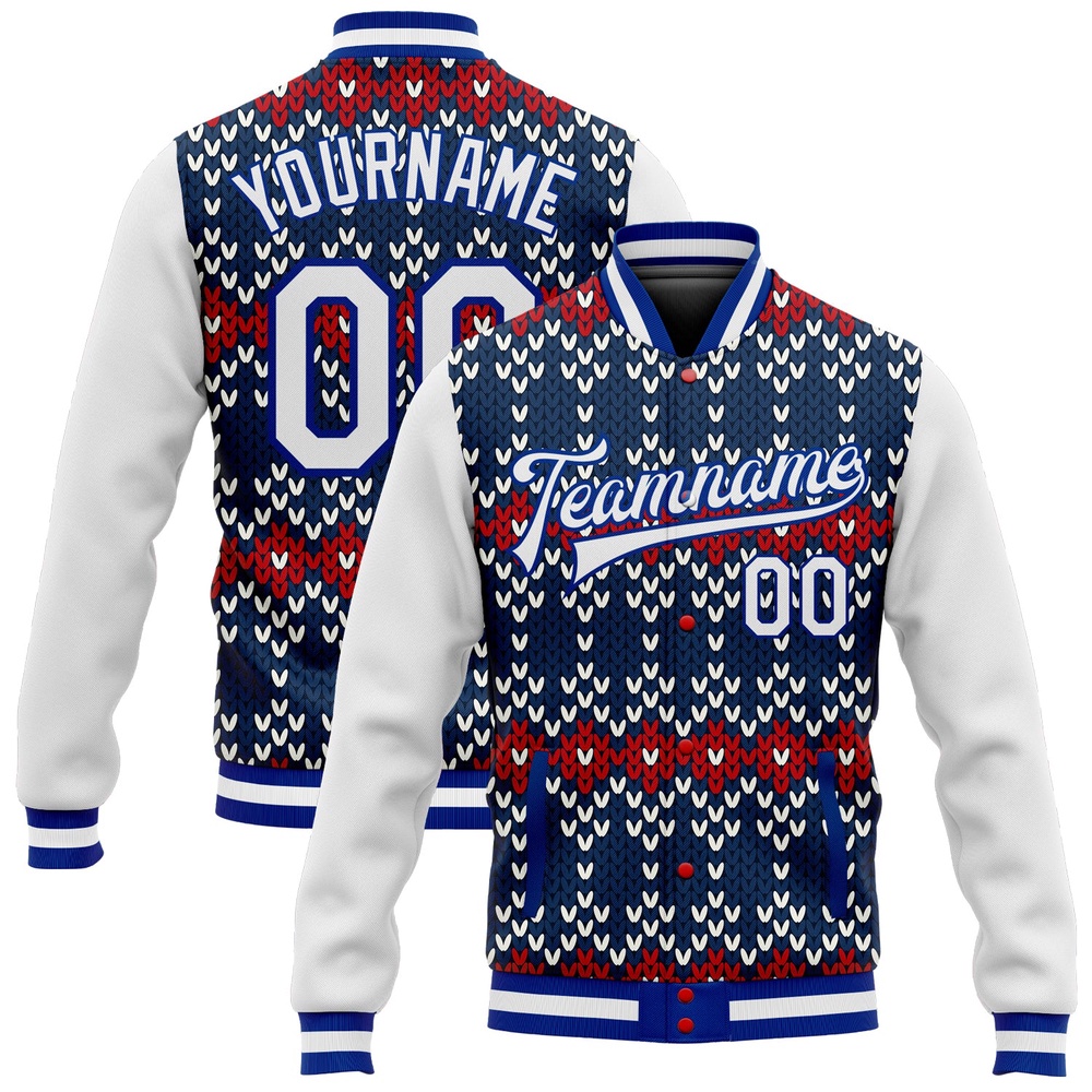 Custom Navy White Royal Christmas 3D Bomber Full Snap Baseball Jacket, Custom Team Jacket Custom Navy White Royal Christmas 3D Bomber Full Snap Baseball Jacket, Custom Team Jacket