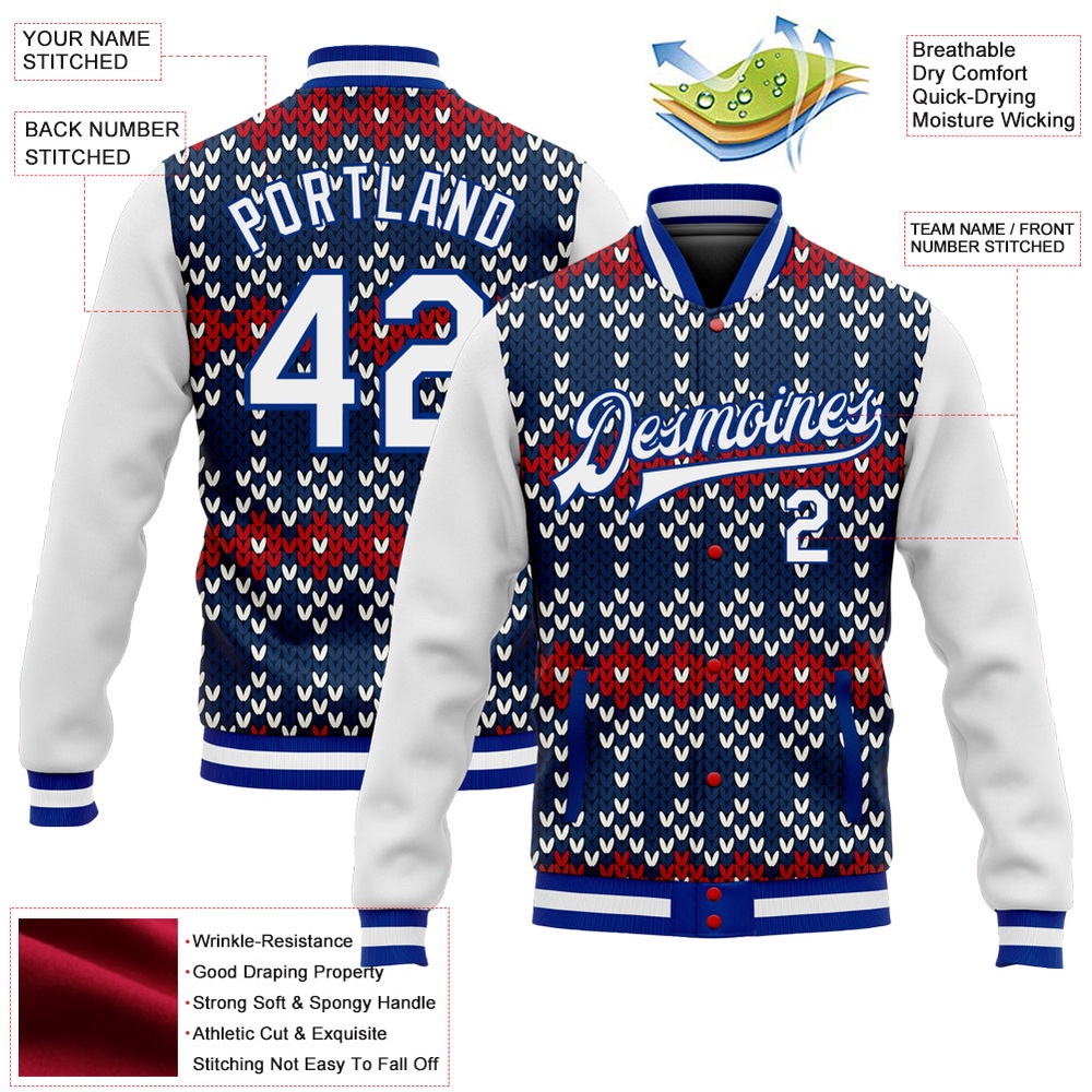 Custom Navy White Royal Christmas 3D Bomber Full Snap Baseball Jacket, Custom Team Jacket Custom Navy White Royal Christmas 3D Bomber Full Snap Baseball Jacket, Custom Team Jacket