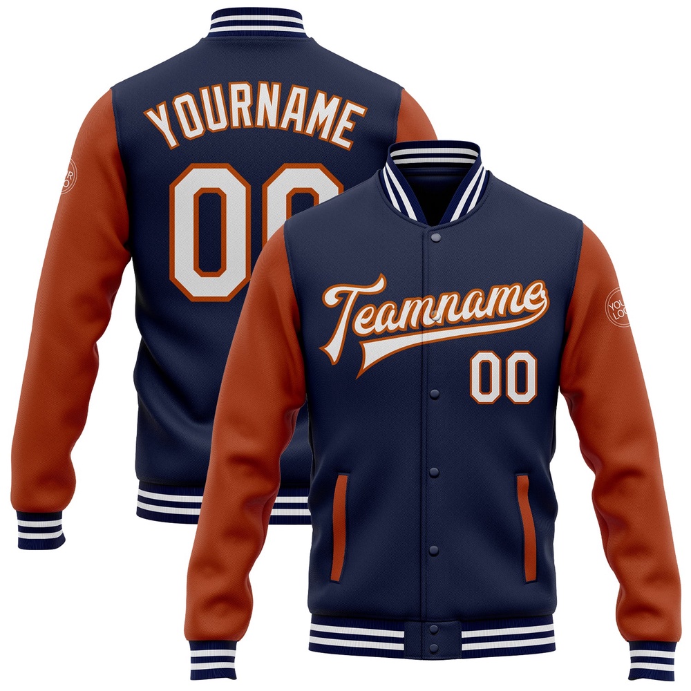 Custom Navy White Texas Orange Bomber Full Snap Varsity Baseball Jacket, Custom Team Jacket
