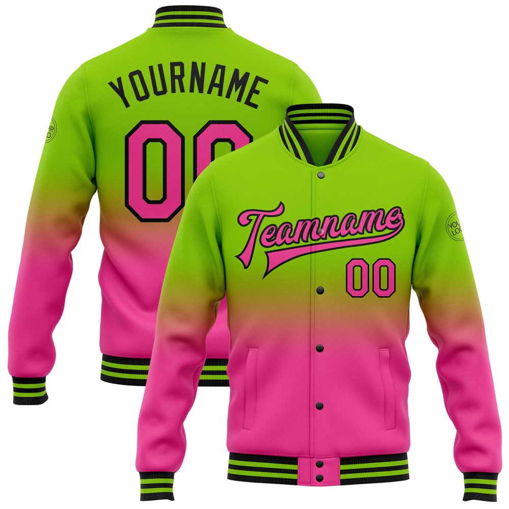 Custom Neon Green Pink Black Bomber Full Snap Baseball Jacket, Custom Team Jacket