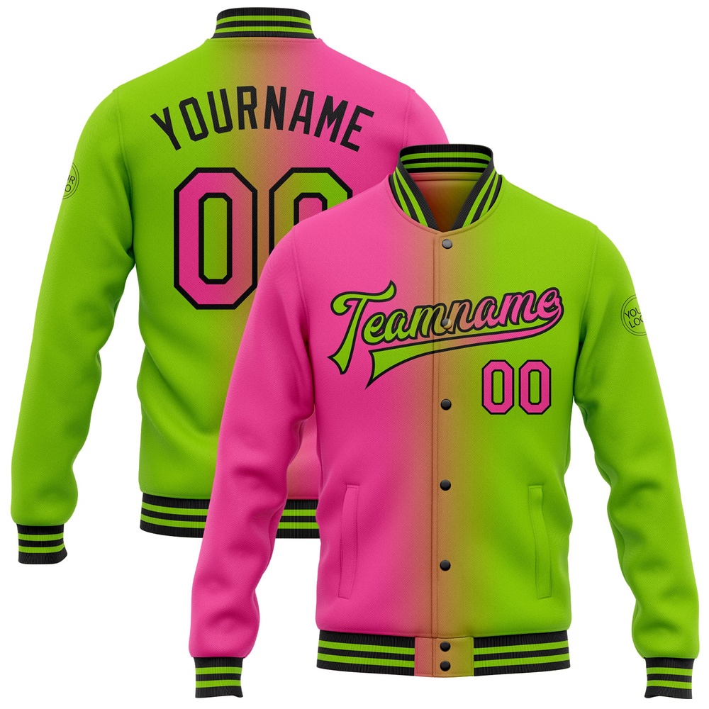 Custom Neon Green Pink Black Bomber Full Snap Varsity Letterman Gradient Fashion Jacket, Custom Team Jacket