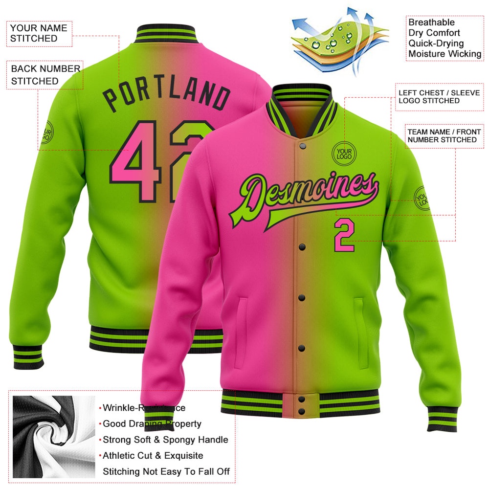 Custom Neon Green Pink Black Bomber Full Snap Varsity Letterman Gradient Fashion Jacket, Custom Team Jacket