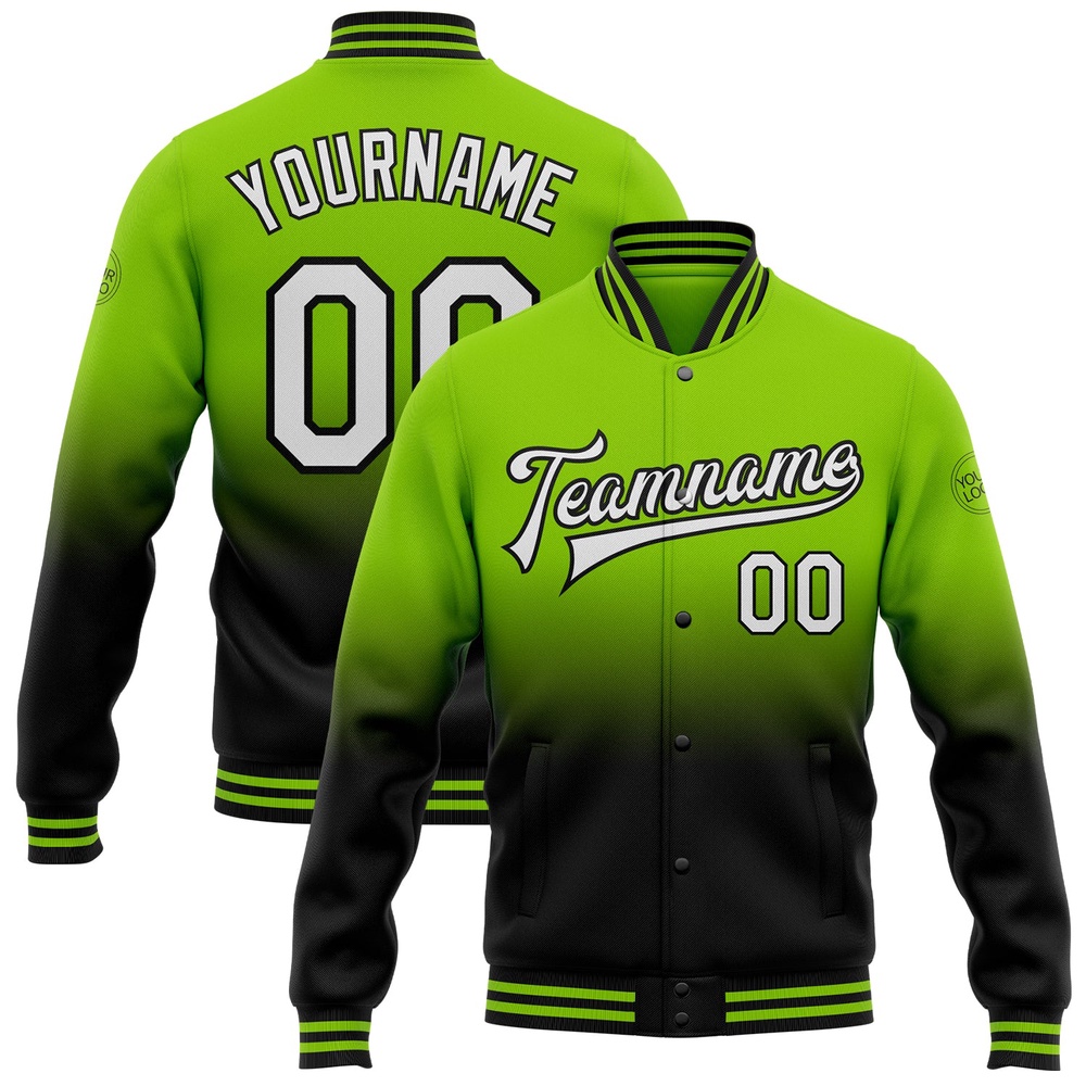 Custom Neon Green White Black Bomber Full Snap Baseball Jacket, Custom Team Jacket