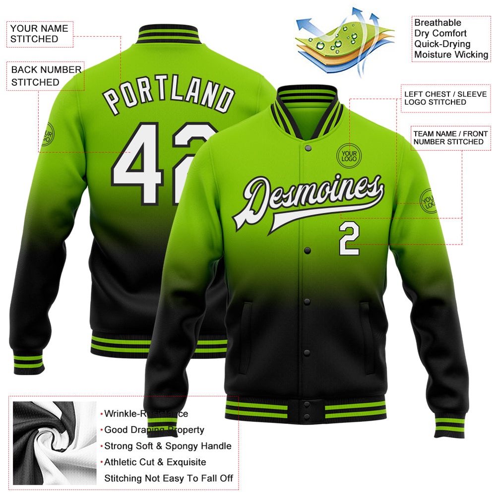 Custom Neon Green White Black Bomber Full Snap Baseball Jacket, Custom Team Jacket