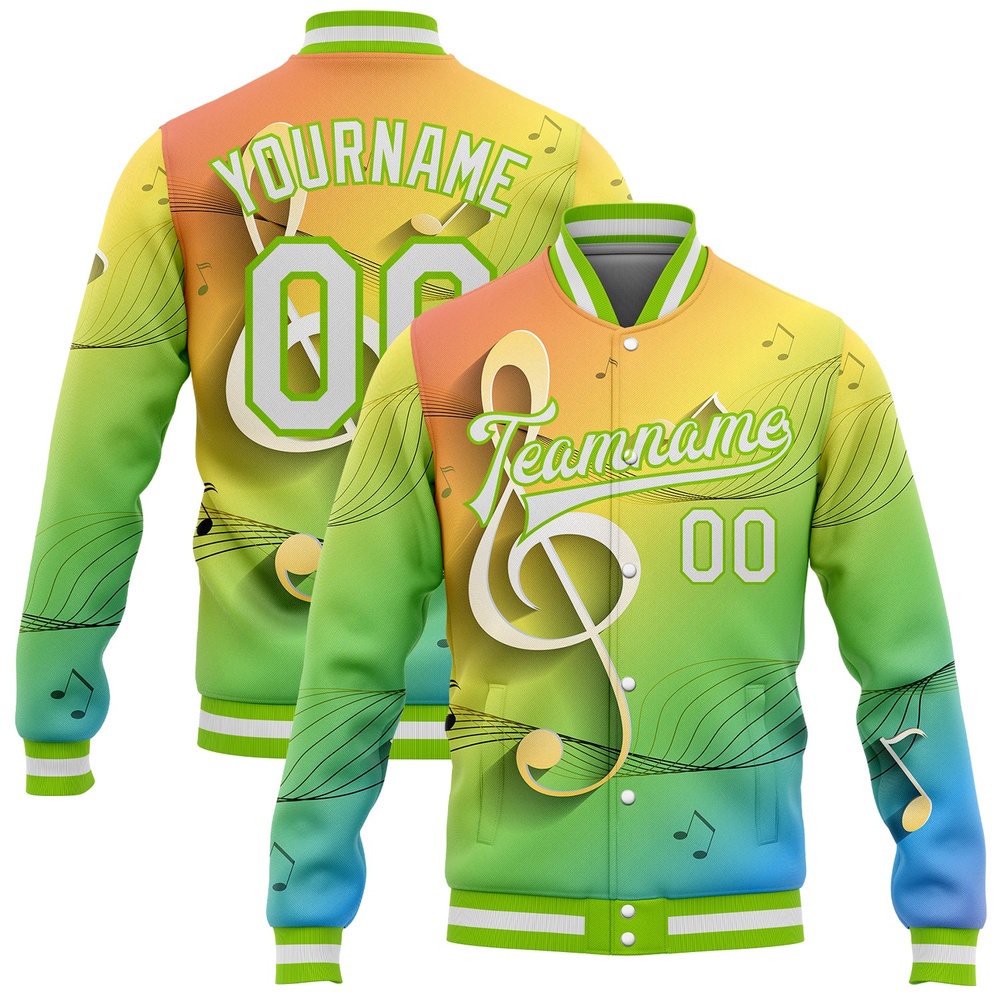 Custom Neon Green White Music Festival 3D Pattern Design Bomber Full Snap Baseball Jacket, Custom Team Jacket