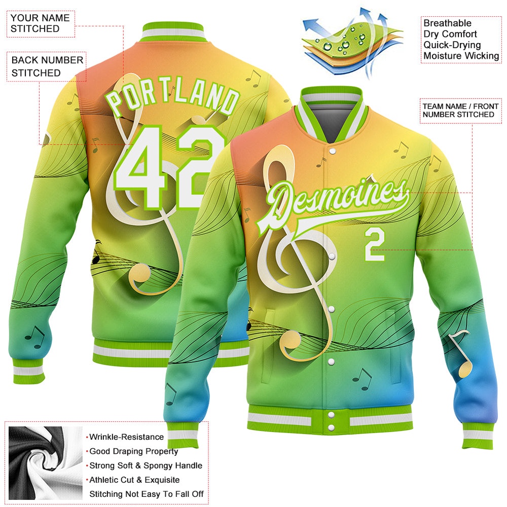 Custom Neon Green White Music Festival 3D Pattern Design Bomber Full Snap Baseball Jacket, Custom Team Jacket