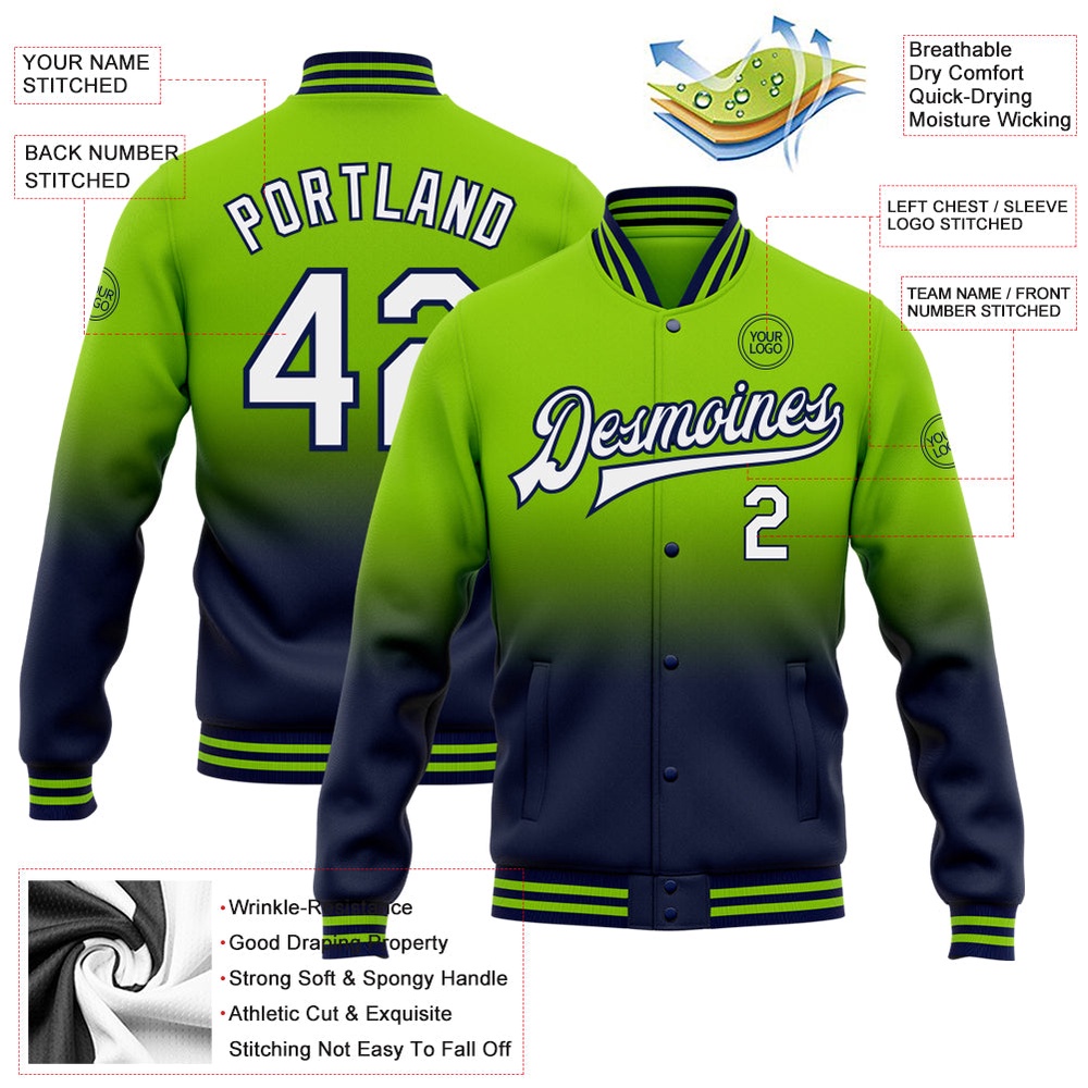 Custom Neon Green White Navy Bomber Full Snap Baseball Jacket, Custom Team Jacket