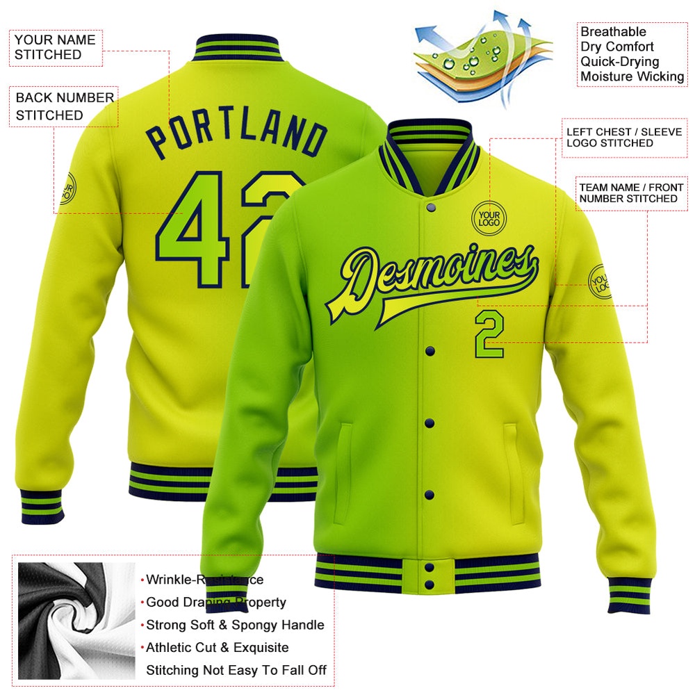 Custom Neon Yellow Neon Green Navy Bomber Full Snap Varsity Letterman Gradient Fashion Jacket, Custom Team Jacket