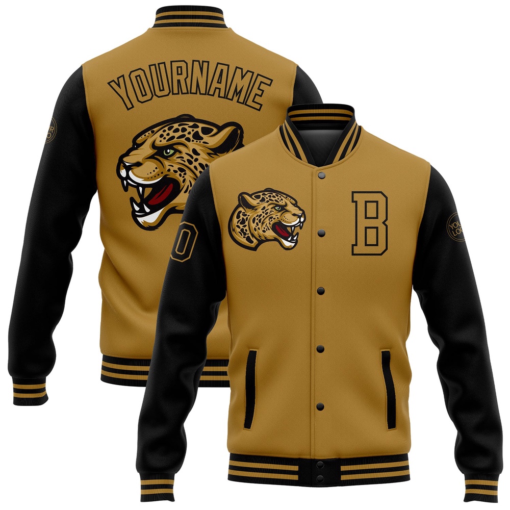 Custom Old Gold Black 3D Pattern Design Bomber Full Snap Baseball Jacket, Custom Team Jacket