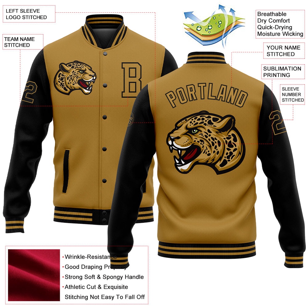 Custom Old Gold Black 3D Pattern Design Bomber Full Snap Baseball Jacket, Custom Team Jacket