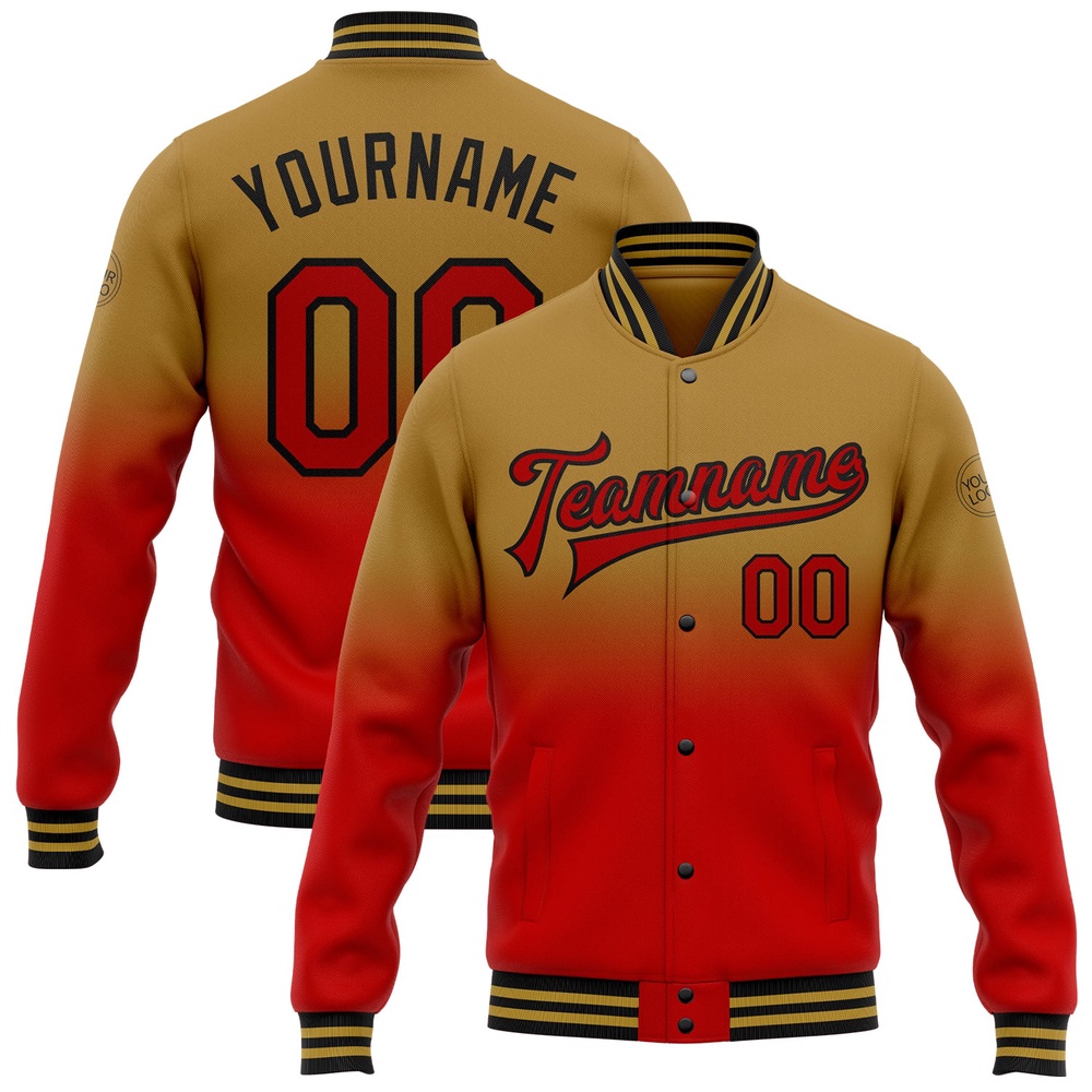 Custom Old Gold Red Black Bomber Full Snap Baseball Jacket, Custom Team Jacket