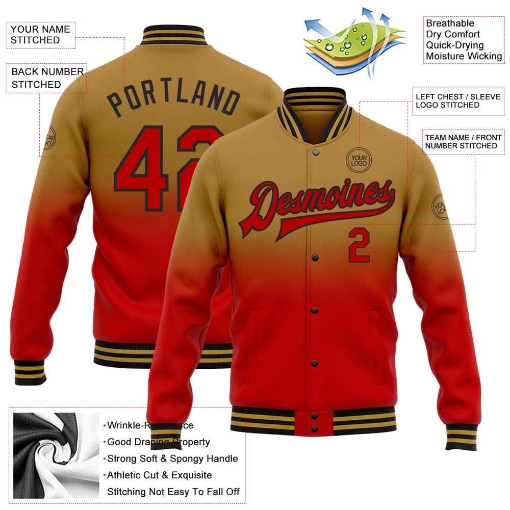 Custom Old Gold Red Black Bomber Full Snap Baseball Jacket, Custom Team Jacket