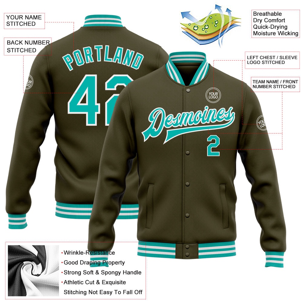 Custom Olive Aqua White Bomber Full Snap Varsity Letterman Salute To Service Jacket, Custom Team Jacket