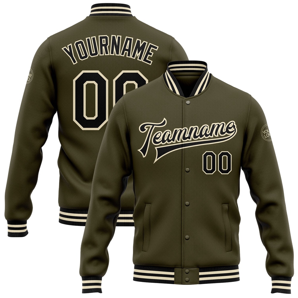 Custom Olive Black Cream Bomber Full Snap Varsity Letterman Salute To Service Jacket, Custom Team Jacket