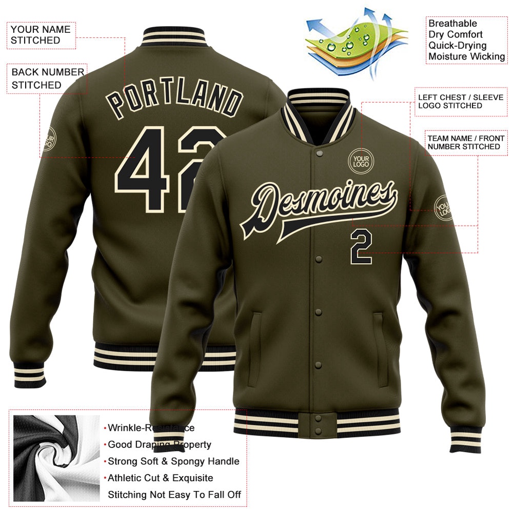 Custom Olive Black Cream Bomber Full Snap Varsity Letterman Salute To Service Jacket, Custom Team Jacket