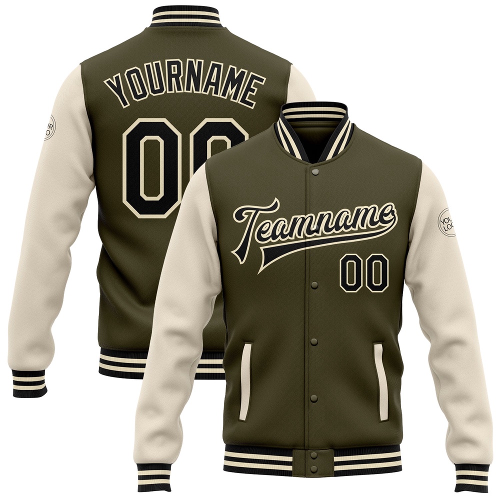Custom Olive Black Cream Bomber Full Snap Varsity Letterman Two Tone Salute To Service Jacket, Custom Team Jacket
