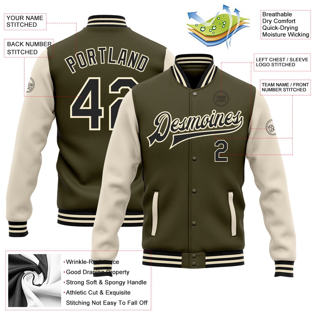 Custom Olive Black Cream Bomber Full Snap Varsity Letterman Two Tone Salute To Service Jacket, Custom Team Jacket