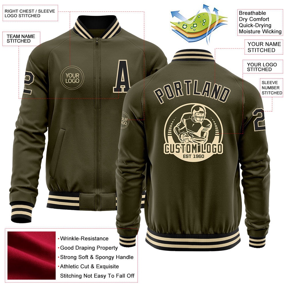 Custom Olive Black Cream Bomber Varsity Letterman Salute To Service Zipper Jacket, Custom Team Jacket