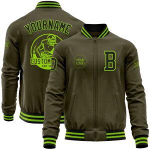Custom Olive Black Neon Green Bomber Varsity…