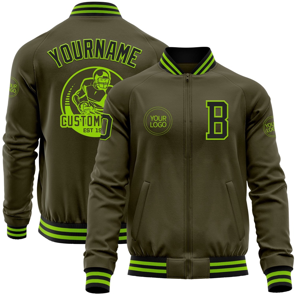 Custom Olive Black Neon Green Bomber Varsity Letterman Salute To Service Zipper Jacket, Custom Team Jacket