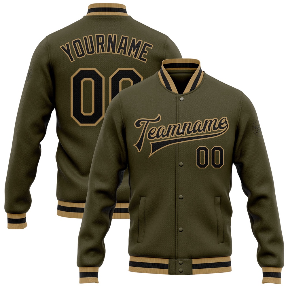 Custom Olive Black Old Gold Bomber Full Snap Varsity Letterman Salute To Service Jacket, Custom Team Jacket