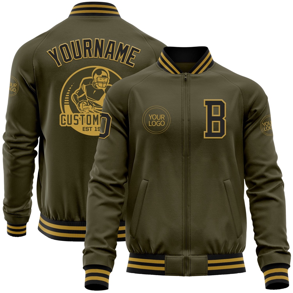 Custom Olive Black Old Gold Bomber Varsity Letterman Salute To Service Zipper Jacket, Custom Team Jacket