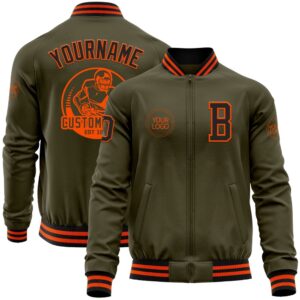 Custom Olive Black Orange Bomber Varsity Letterman…