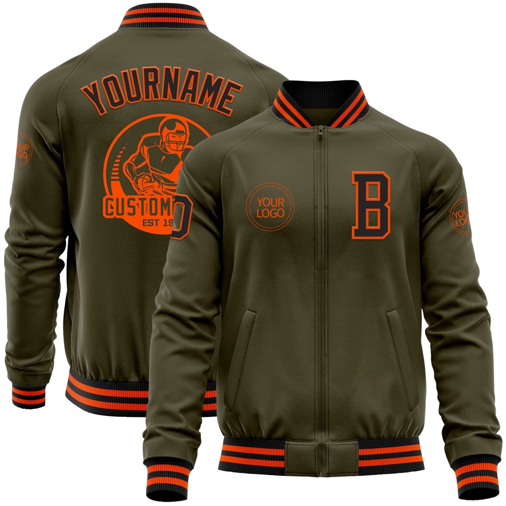 Custom Olive Black Orange Bomber Varsity Letterman Salute To Service Zipper Jacket, Custom Team Jacket
