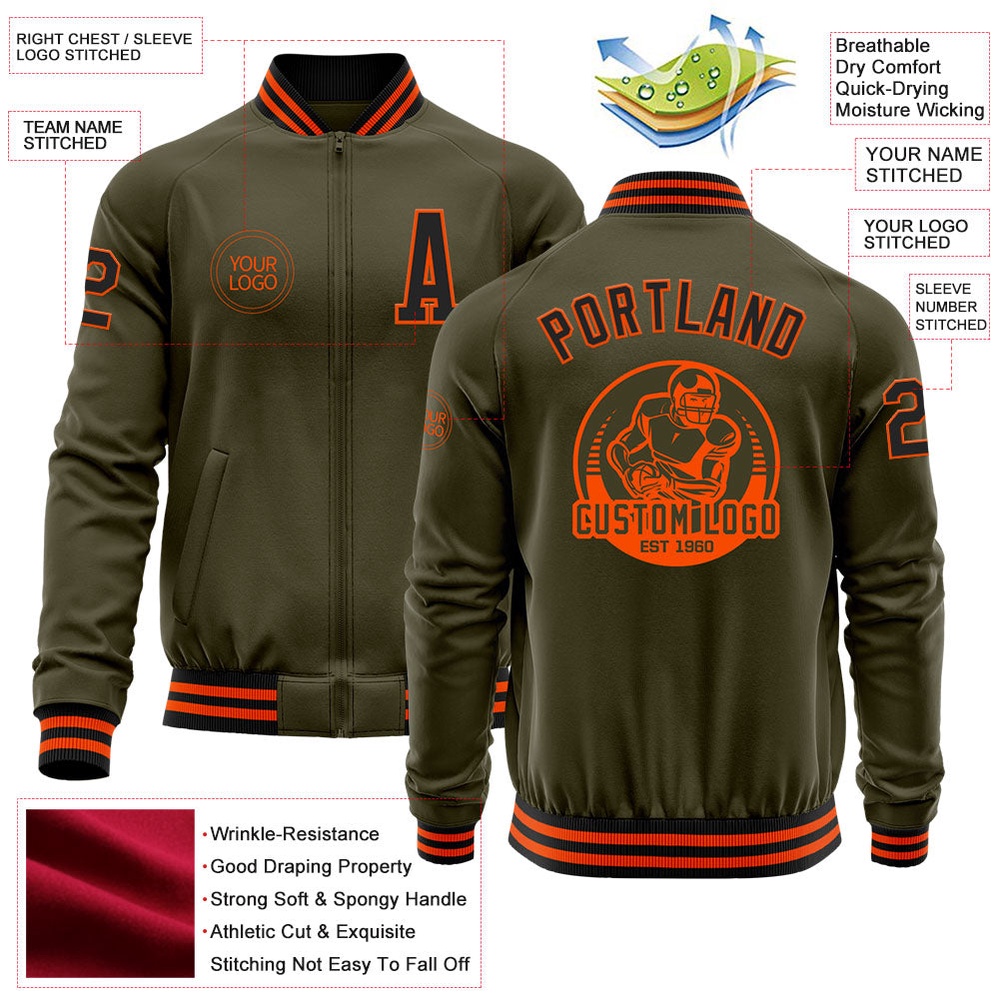 Custom Olive Black Orange Bomber Varsity Letterman Salute To Service Zipper Jacket, Custom Team Jacket